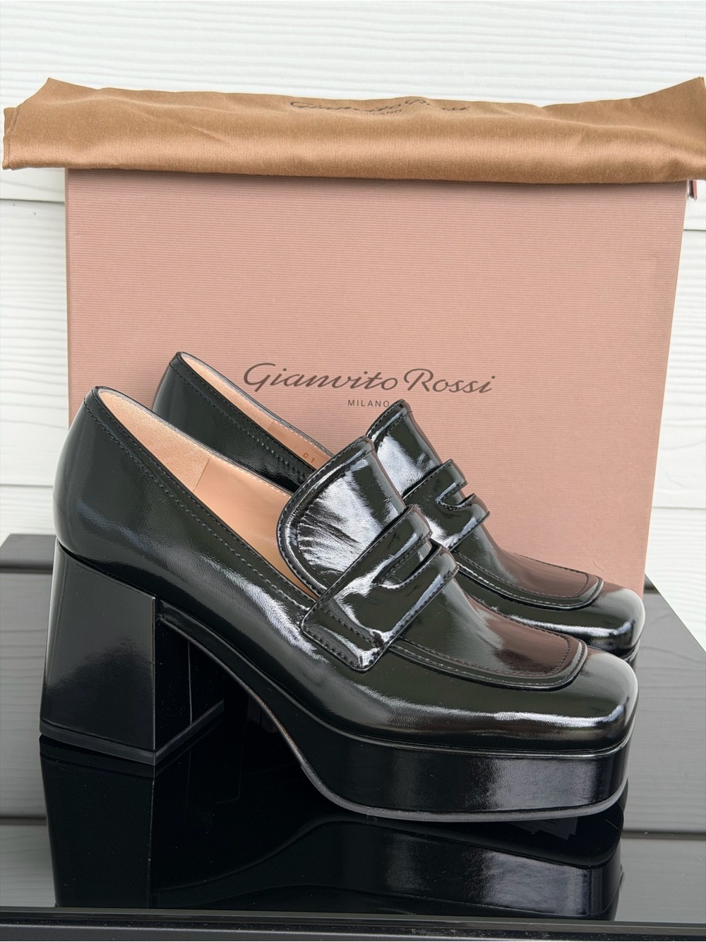 Gianvito Rossi Black Patent Leather Platform Loafers with Block Heel